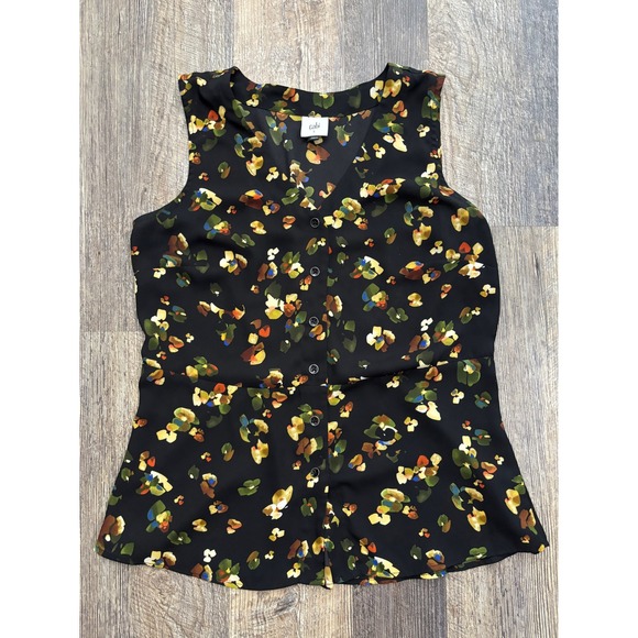 CAbi Tops - Cabi Ditsy Print Peplum Blouse 6110 Black Floral Sleeveless V-Neck Top Small